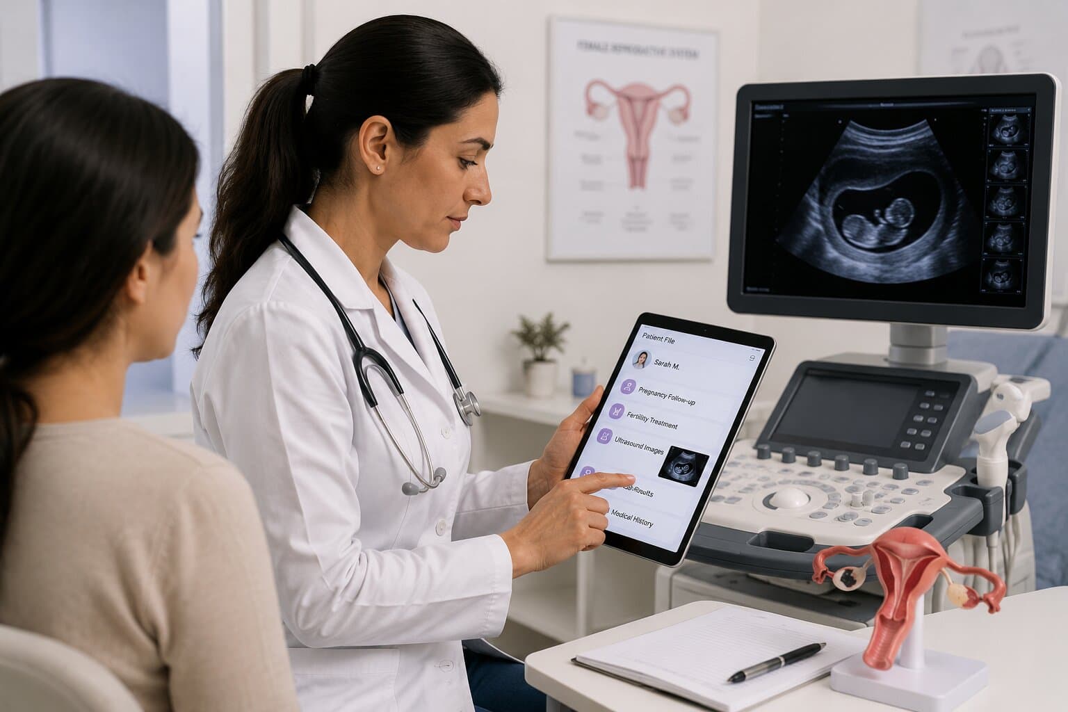 Gynecologist reviewing a patient file on a tablet next to an ultrasound machine in a consultation room